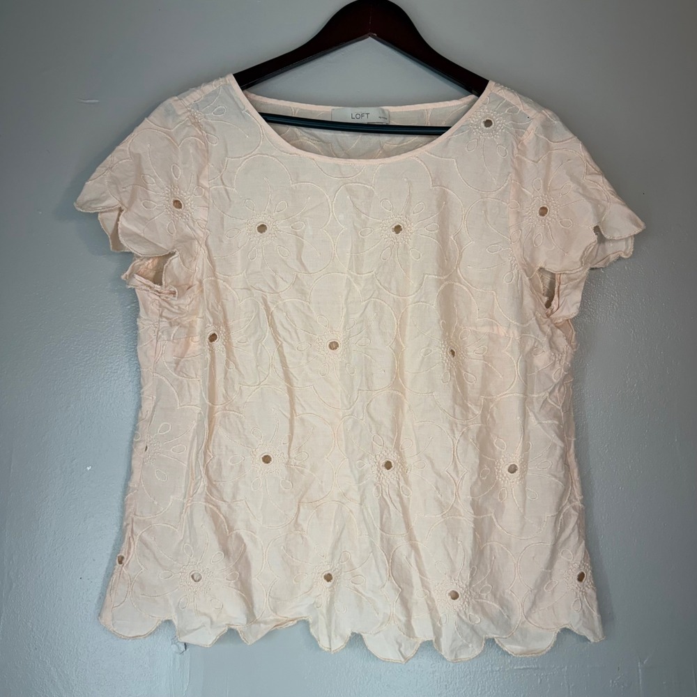 Ann Taylor LOFT Petites Peach Pink Floral Eyelet Scalloped Blouse Top XLP